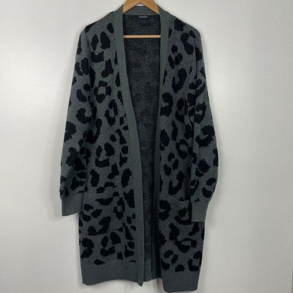 George  Heavy Duster Open Front Cardigan Sweater  Leopard Print  Size Large - Picture 1 of 4